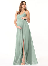 Azazie Annabelle A-Line V-Neck Pleated Mesh Floor-Length Dress