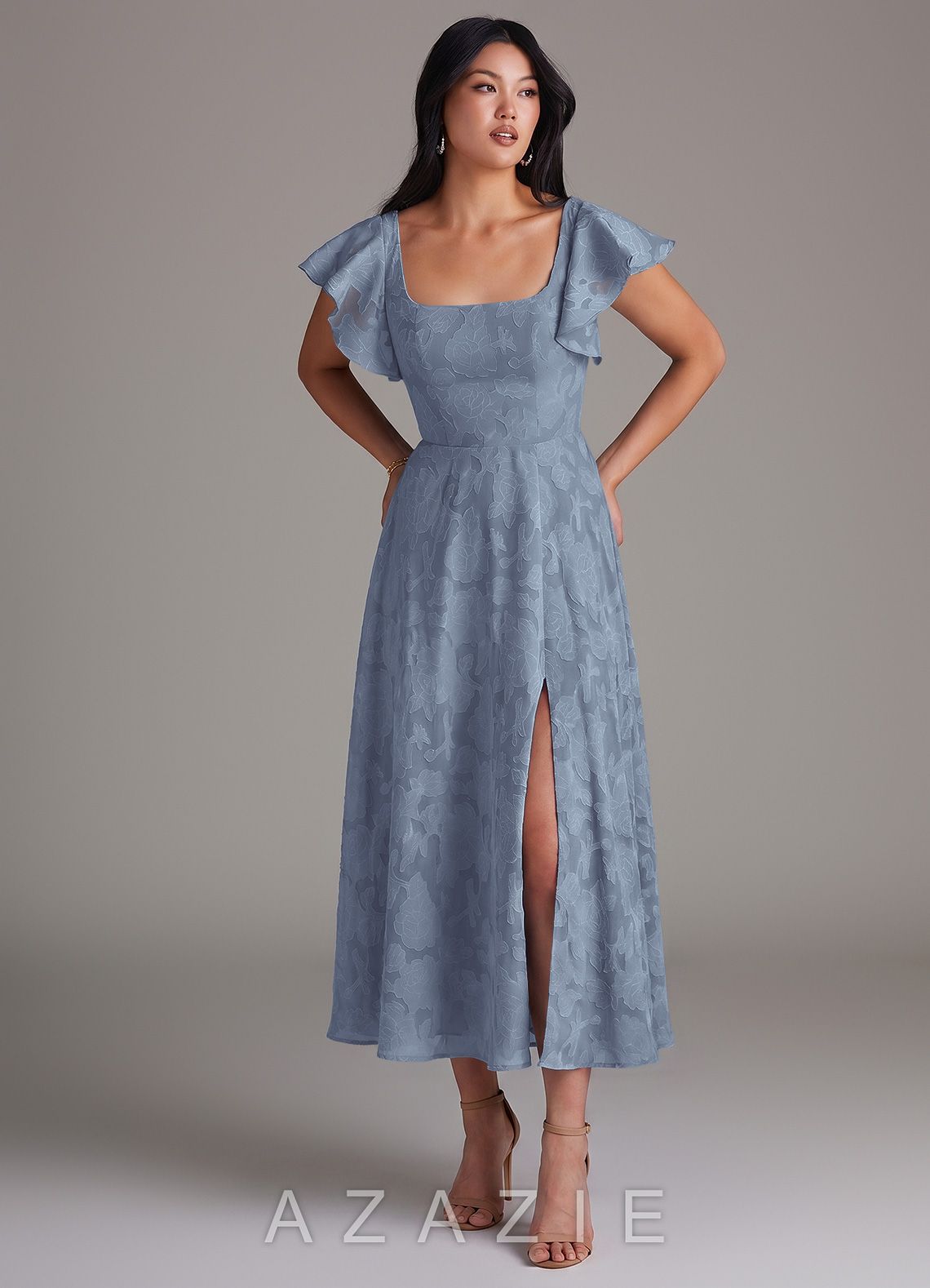 Azazie Bondi Dusty Blue A-Line Ruched Floral Burnout Dress