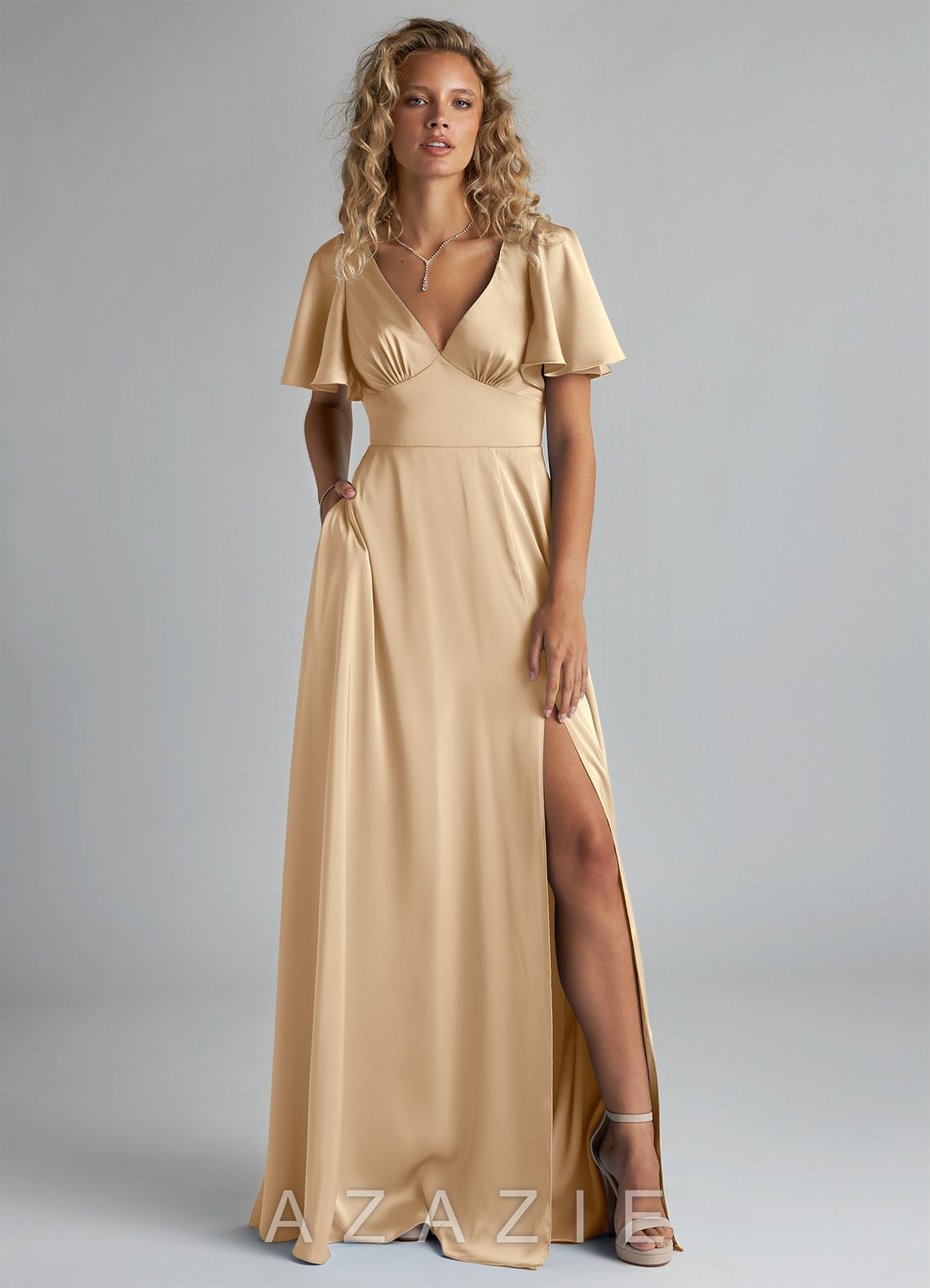Azazie Kimber Champagne A-Line Ruched Stretch Satin Dress