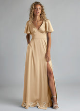 Azazie Kimber Champagne A-Line Ruched Stretch Satin Dress