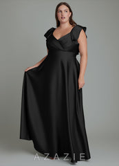 Azazie Leilani Black A-Line Ruched Stretch Satin Dress black