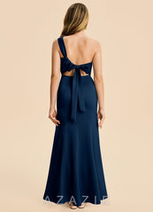 Azazie Ren Junior Dark Navy A-Line Pleated Stretch Satin Dress