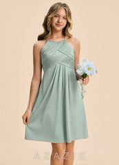 Azazie Ginny Junior Agave A-Line Pleated Stretch Satin Dress agave