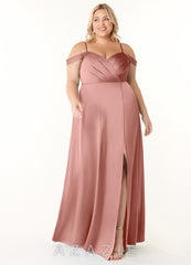 Azazie Ocean Rosette A-Line V-Neck Pleated Stretch Satin Dress rosette