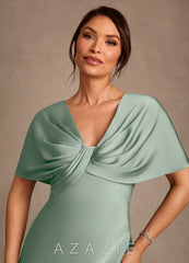 Azazie Dosia Agave Sheath Pleated Stretch Satin Dress agave