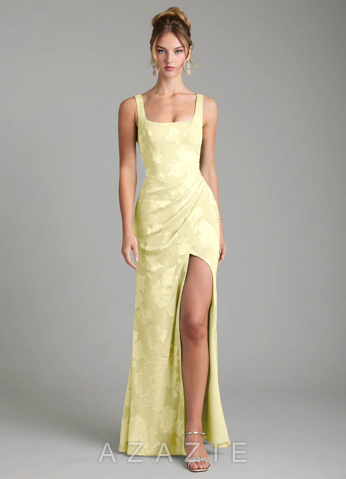 Azazie Mero Lemon Sorbet Mermaid Pleated Floral Jacquard Burnout Dress
