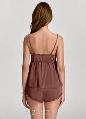 Satin Lace Neckline Ruffled‑Bust Cami & Shorts Pajama Set espresso