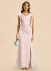 Azazie Jessamine Junior Blushing Pink Sheath Ruched Stretch Satin Dress