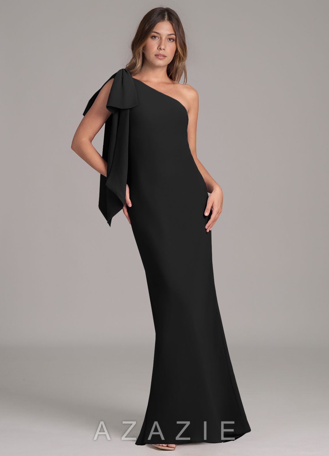 Azazie Capri Black A-Line One Shoulder Chiffon Dress
