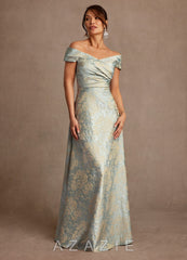 Azazie Beatrix Vintage Blue A-Line Off the Shoulder Floral Jacquard Dress