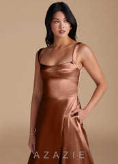 Azazie Hope Bronzer A-Line with Pockets Metallic Satin Dress bronzer
