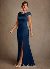 Azazie Irvine Dark Navy A-Line Pleated Stretch Satin Dress