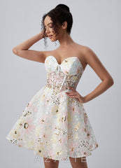 Julienne Ivory Strapless Floral Sequin Corset Skater Mini Dress
