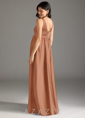 Azazie Yetta A-Line Pleated Stretch Satin Floor-Length Dress bronzer