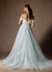 Azazie Rowe Wedding Dress Cloudy Blue Ball-Gown Off the Shoulder Tulle Dress