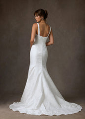 Azazie Quinn Diamond White Mermaid Square Neckline Floral Jacquard Dress diamond_white