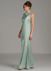 Azazie Kiara Agave Mermaid Pleated Stretch Satin Dress agave