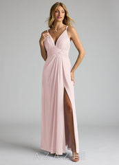 Azazie Maren Allure Blushing Pink A-Line V-Neck Lace Chiffon Dress