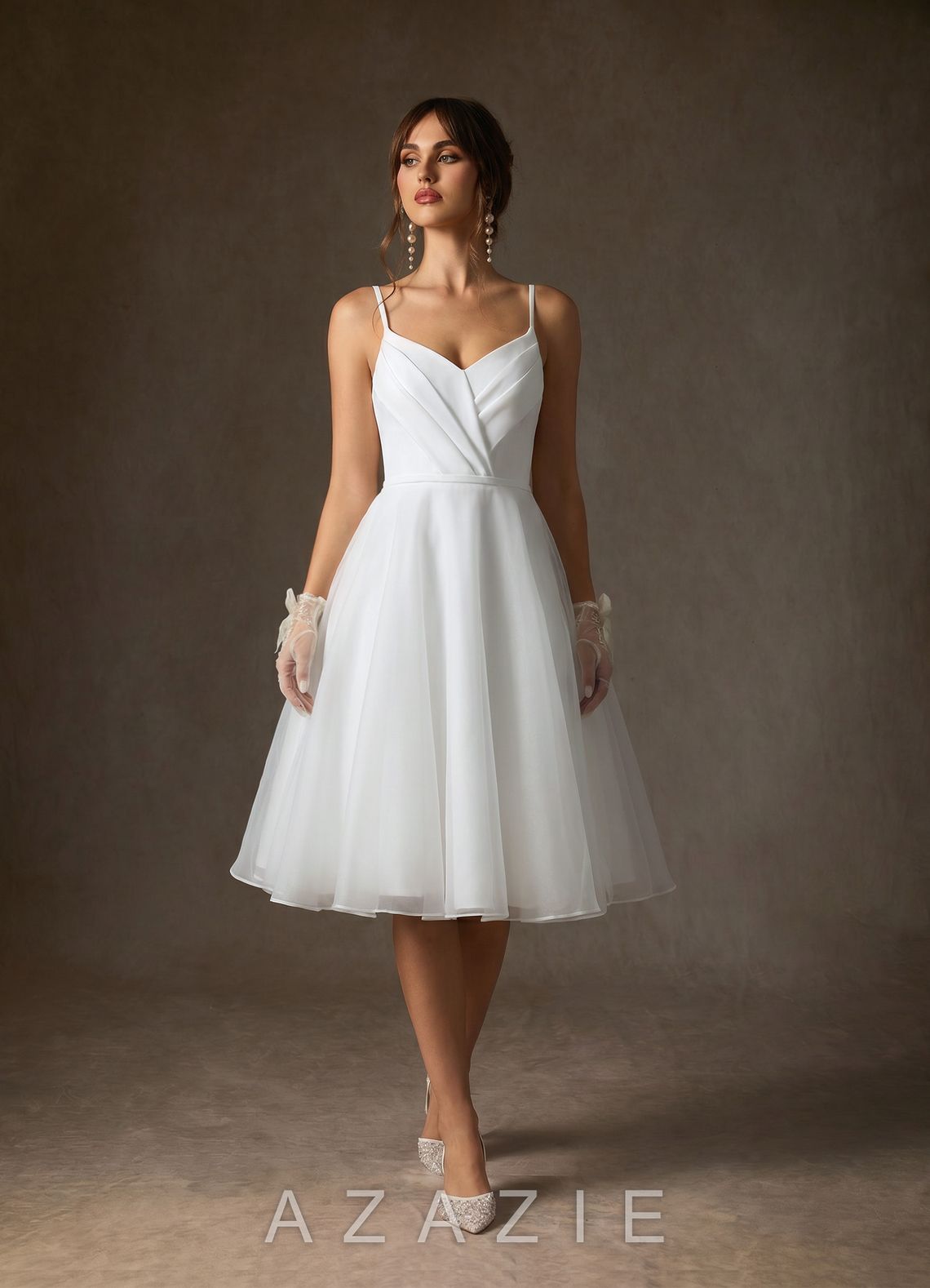 Azazie Ardea Wedding Dress Diamond White A-Line V-Neck Pleated Stretch Crepe Dress