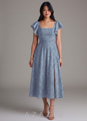 Azazie Bondi Dusty Blue A-Line Ruched Floral Burnout Dress dusty_blue