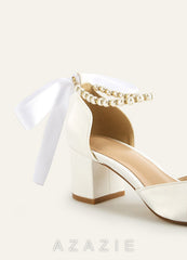 Satin Pearl and Bow Pointed Toe Block Heels