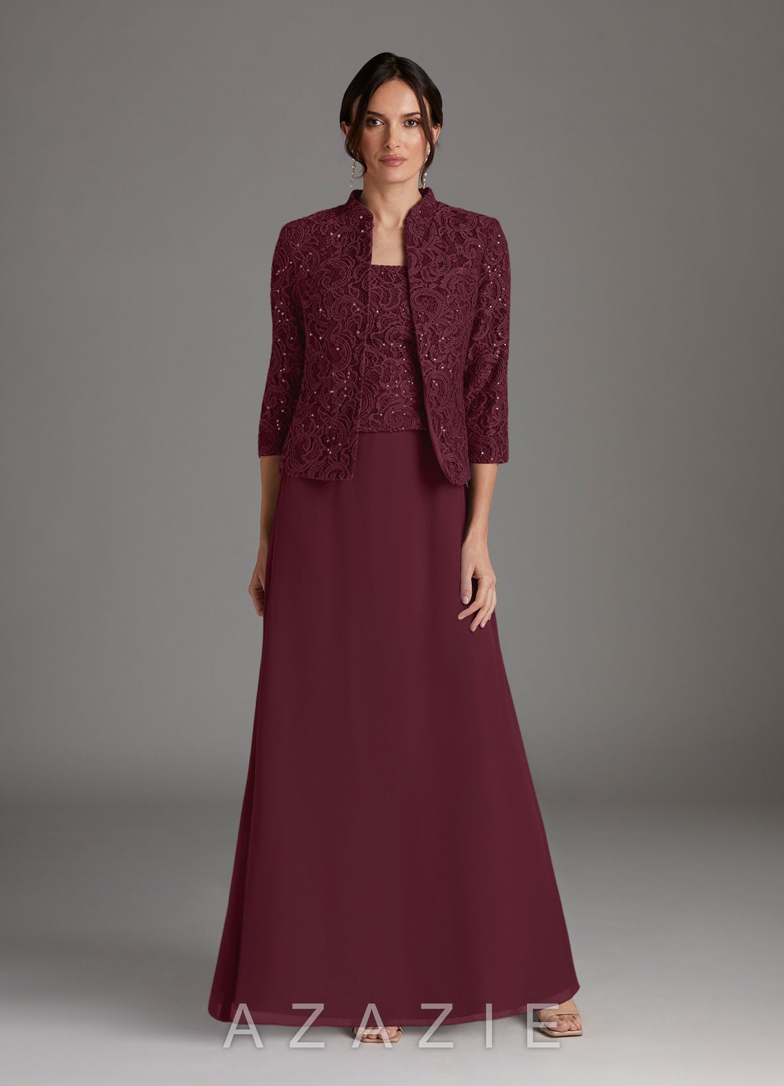 Azazie Cornelia Cabernet Sheath Square Neckline Sequins Chiffon Dress