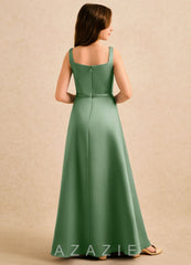 Azazie Emiko Girls Formal Matcha A-Line Pleated Matte Satin Dress matcha