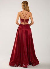 Isoldemark Burgundy Beading Sequin Embroidery Satin Prom Dress burgundy