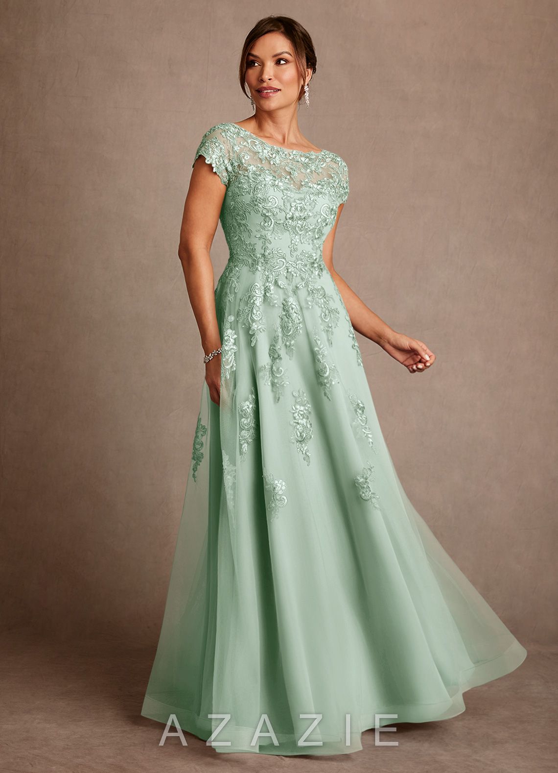 Azazie Jalinda Agave A-Line Lace Chiffon Dress