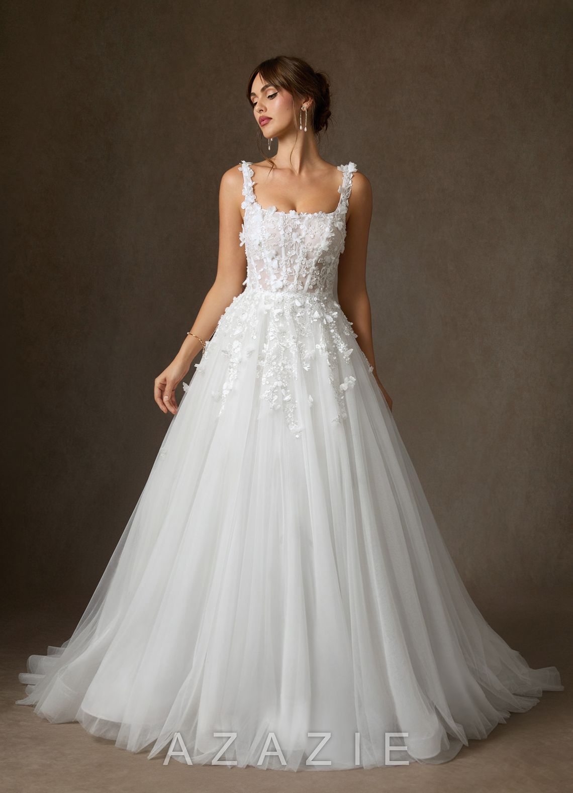 Azazie Sabine Diamond White Ball-Gown Square Neckline Lace Dress