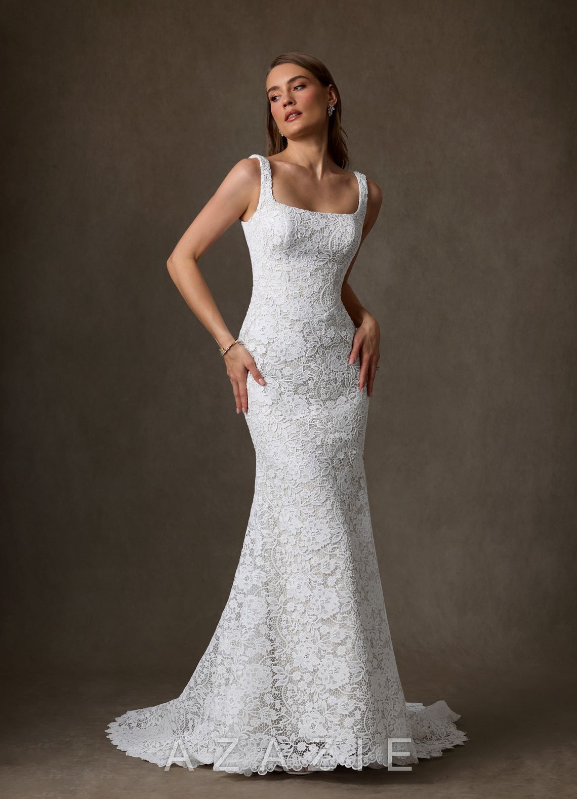 Azazie Amara Diamond White Mermaid Square Neckline Lace Dress
