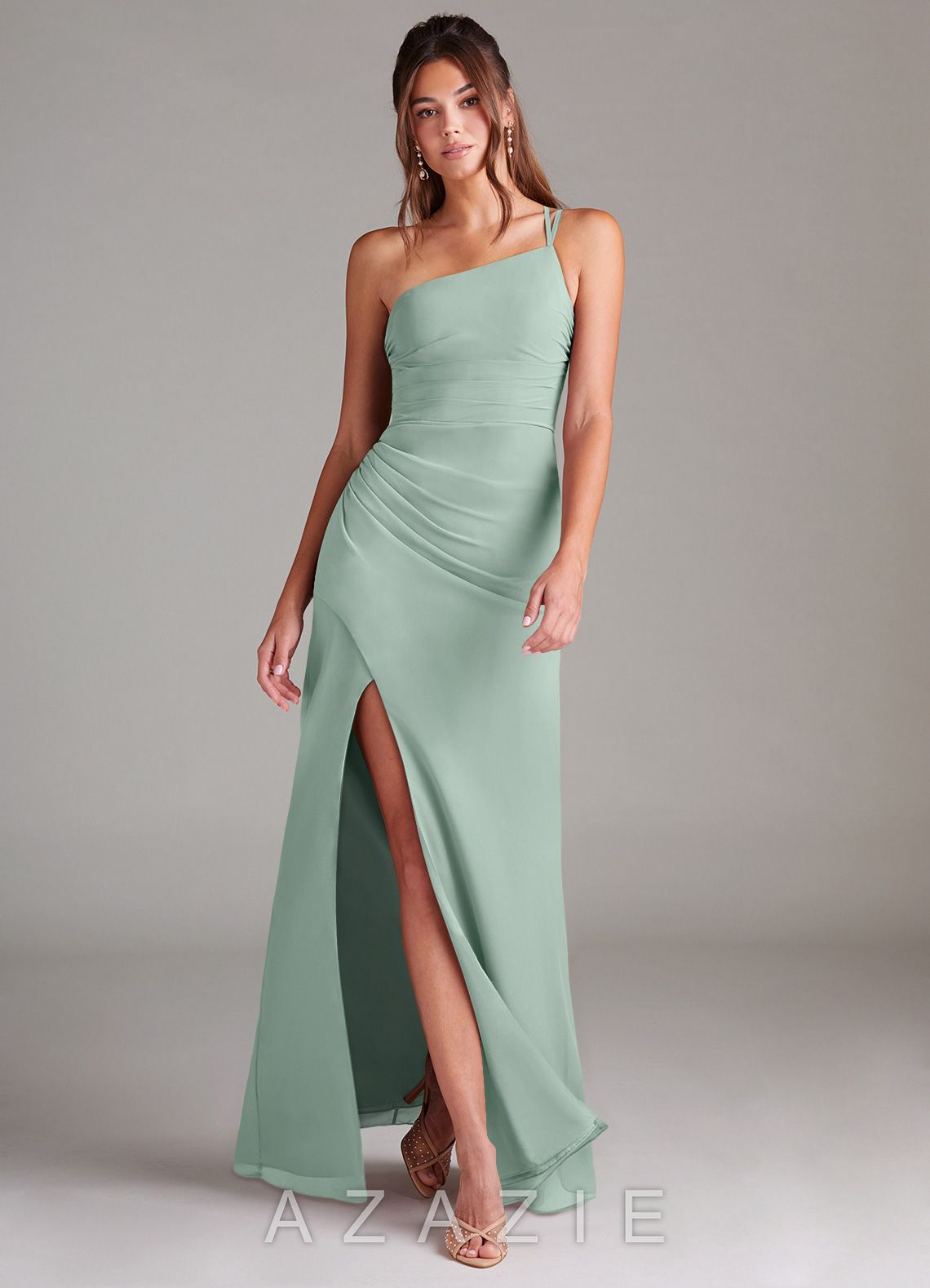 Azazie Eren Agave Sheath One Shoulder Chiffon Dress