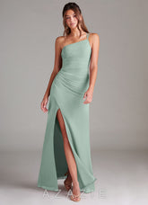 Azazie Eren Agave Sheath One Shoulder Chiffon Dress