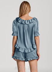 Ruffled Short Sleeve Satin Pajama Set dusty_blue