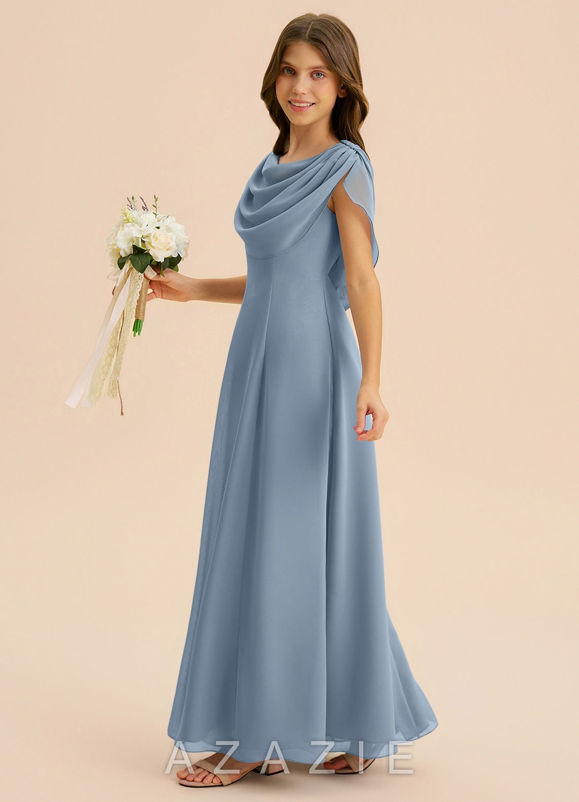 Azazie Lambie Junior Dusty Blue A-Line Pleated Chiffon Dress