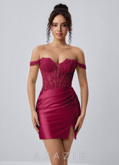 Persephonea Burgundy Corset Lace Rhinestones Stretch Satin Mini Dress