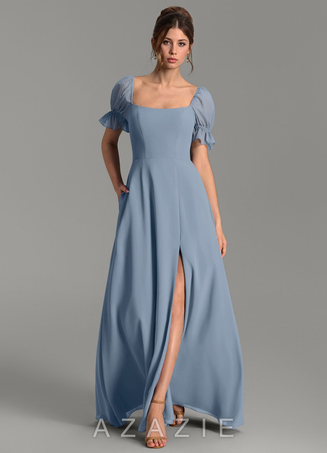 Azazie Jaden Dusty Blue A-Line with Pockets Chiffon Dress