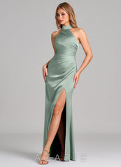 Azazie Karlotta Agave Sheath Pleated Stretch Satin Dress agave
