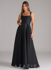 Azazie Shaude Black A-Line Pleated Stretch Satin Dress