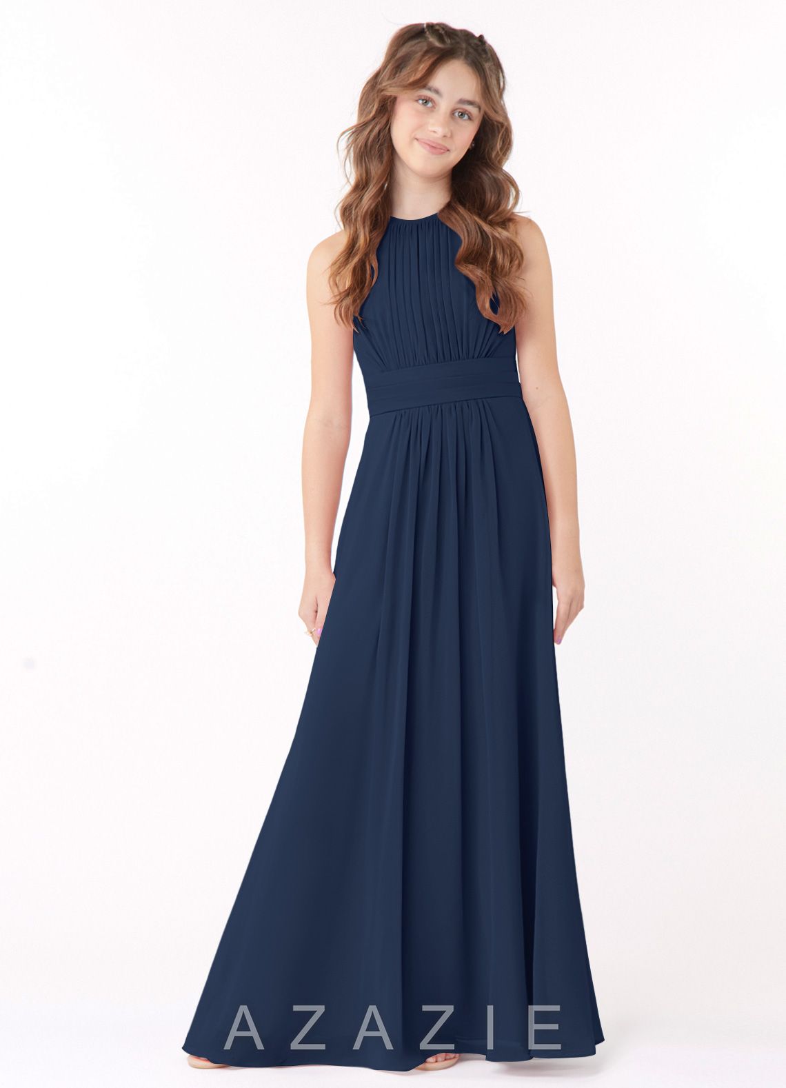 Azazie Bonnie Junior Dark Navy A-Line Pleated Chiffon Dress