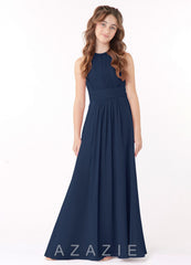 Azazie Bonnie Junior Dark Navy A-Line Pleated Chiffon Dress