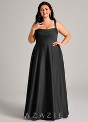 Azazie Shaude Black A-Line Pleated Stretch Satin Dress black