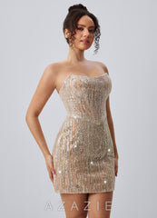 Lorraine Champagne Strapless Vertical Sequin Corset Lace-Up Mini Dress