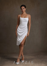 Azazie Katiya Diamond White Sheath Cowl Neckline Pleated Stretch Satin Dress