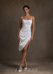 Azazie Katiya Diamond White Sheath Cowl Neckline Pleated Stretch Satin Dress