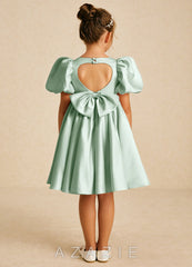 Azazie Muffin Agave A-Line with Sleeves Matte Satin Dress