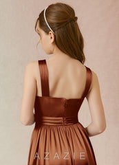 Azazie Jiya Junior Auburn A-Line Pleated Metallic Satin Dress auburn