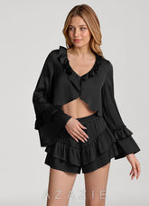 Ruffled Flared Sleeve Satin Pajama Set