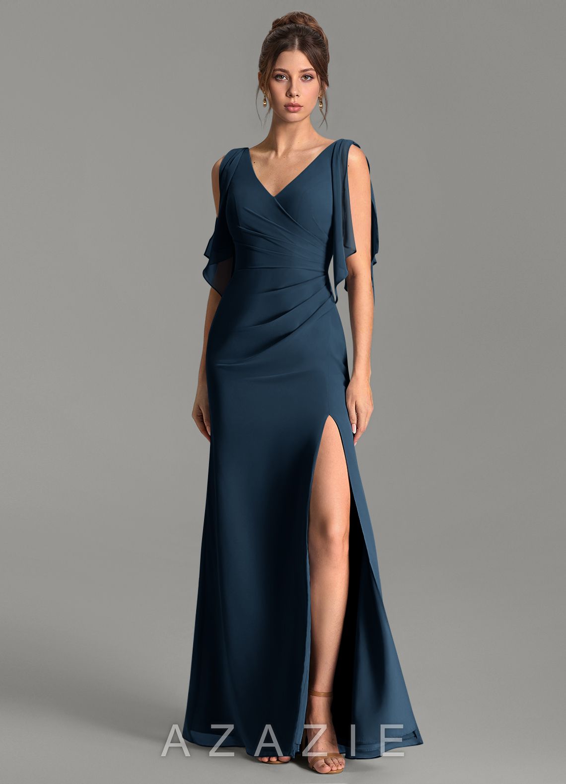 Azazie Ember Dark Navy Sheath Pleated Chiffon Dress