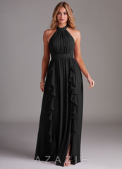 Azazie Avary Black A-Line Pleated Chiffon Dress black